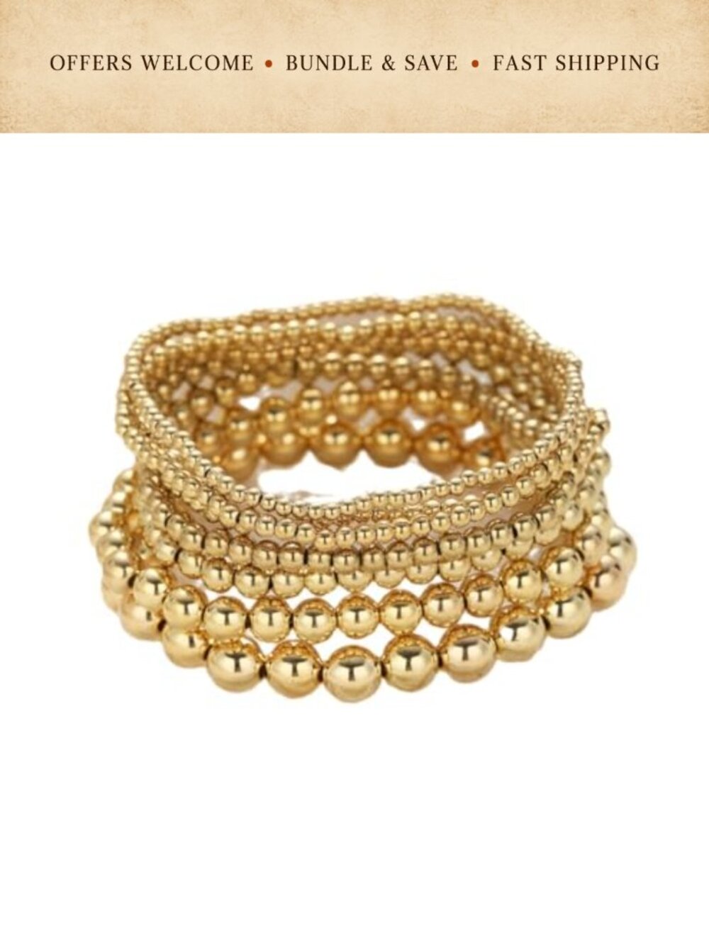 18K Gold Plated Stretch Bead Ball Bracelet Stackable Set